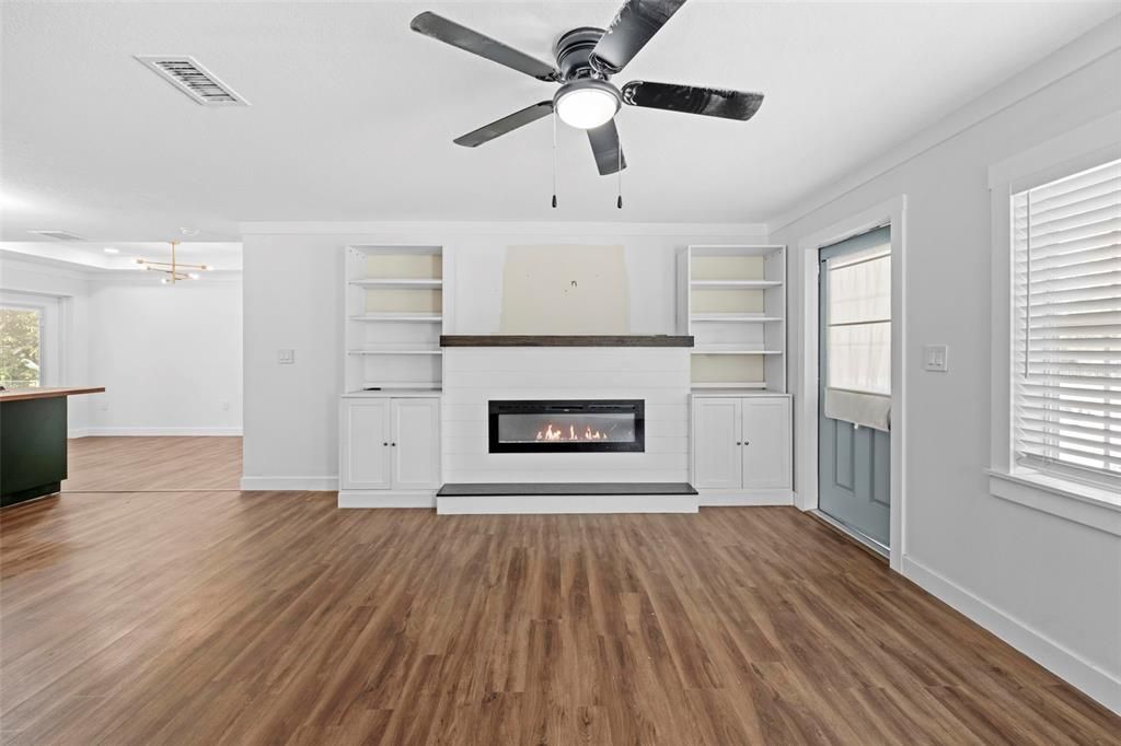 Empty room, Fireplace, Interior, Recessed Lighting, Wood Texture Flooring