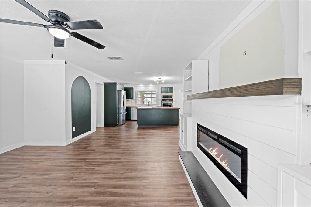 Fireplace, Interior, Kitchen, Wood Texture Flooring