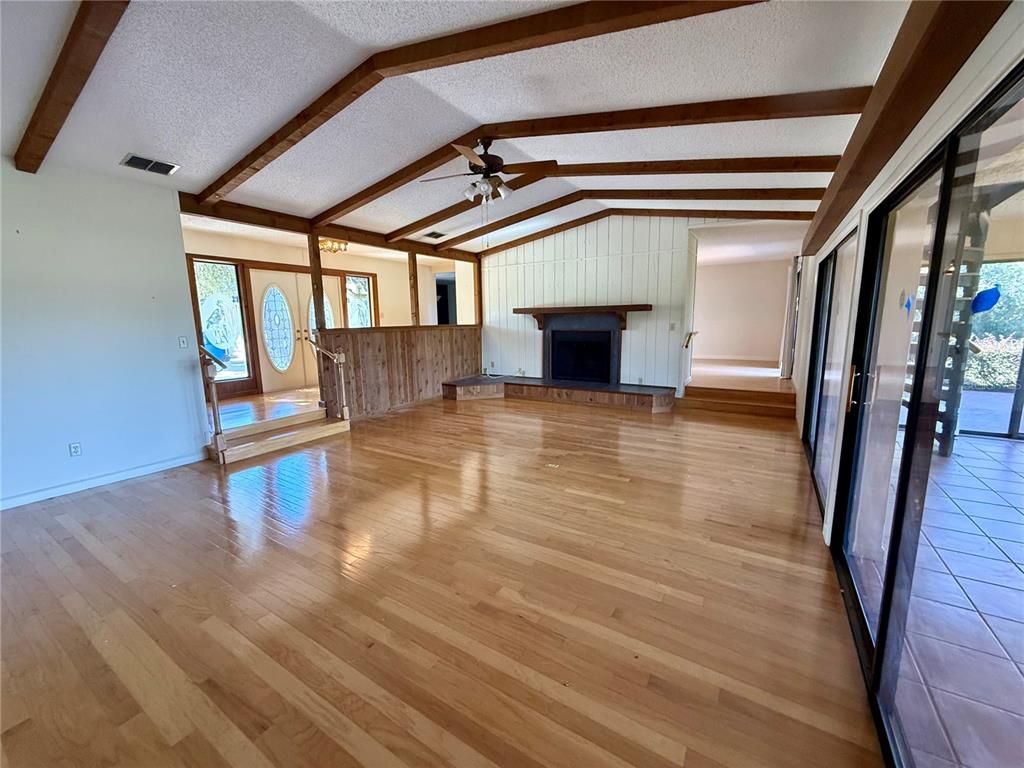 Empty room, Fireplace, Interior, Wooden Beams, Wood Texture Flooring