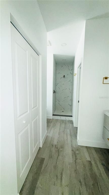 Bathroom, Interior, Marble Walls, Wood Texture Flooring