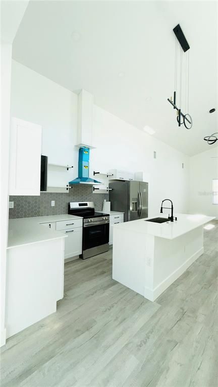 Interior, Kitchen, Pendant Lights, Stainless Steel Appliances, Wood Texture Flooring