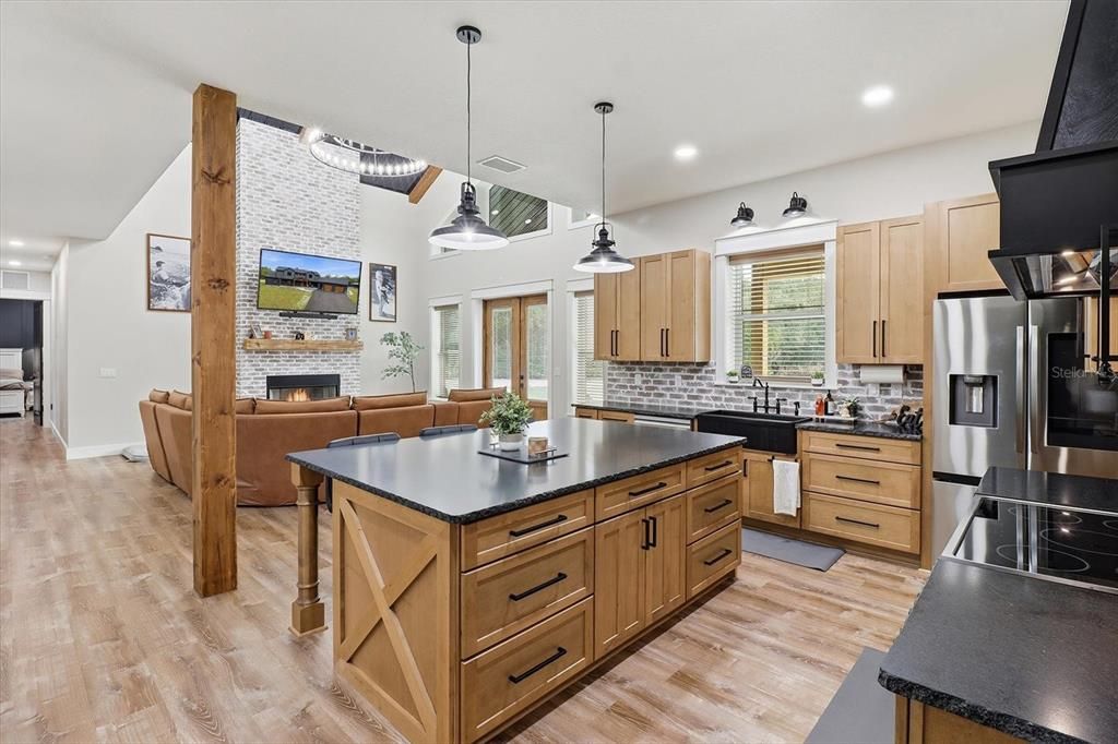 Fireplace, Interior, Kitchen, Living room, Pendant Lights, Recessed Lighting, Wood Texture Flooring