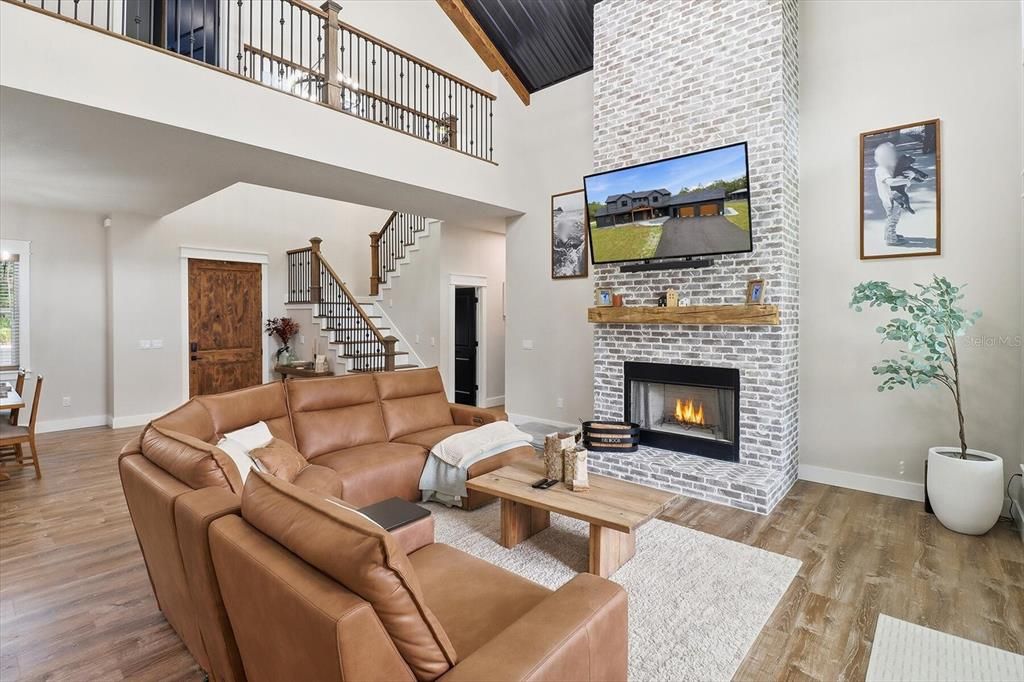 Fireplace, Interior, Living room, Stone Walls, Wood Texture Flooring