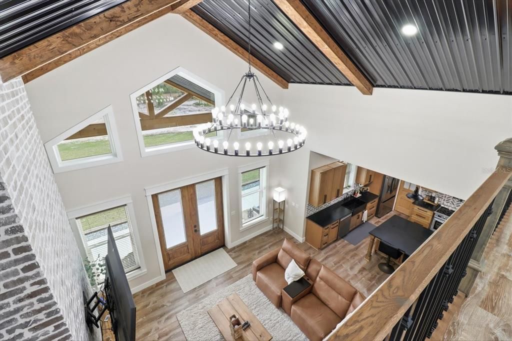 Chandelier, Interior, Living room, Recessed Lighting, Wooden Beams, Wood Texture Flooring