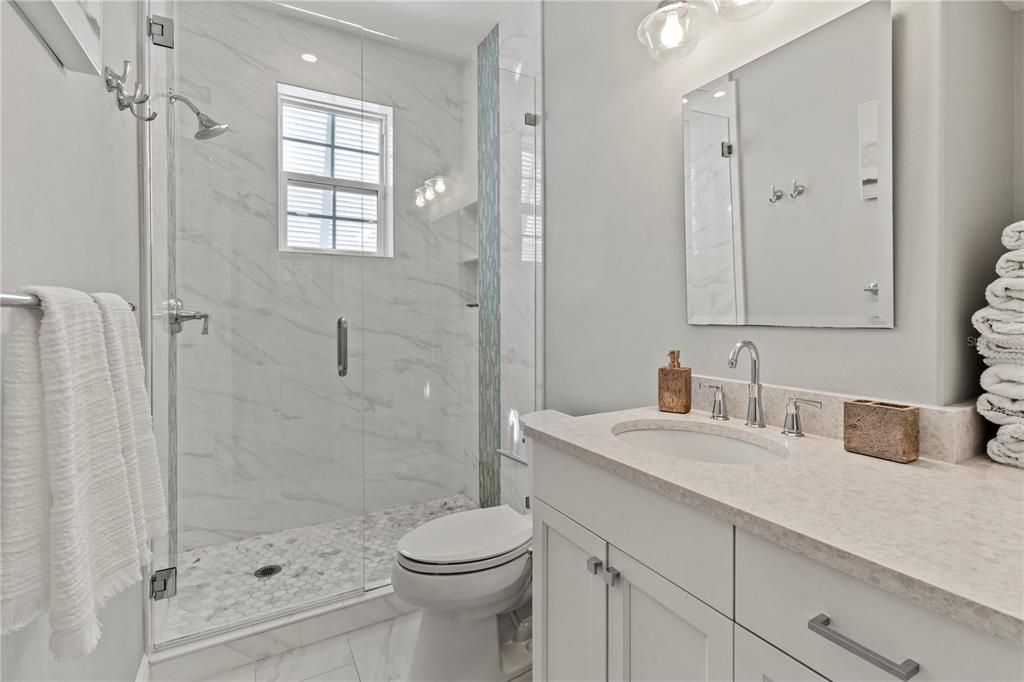 Bathroom, Glass Shower, Interior, Marble, Marble Walls, Recessed Lighting