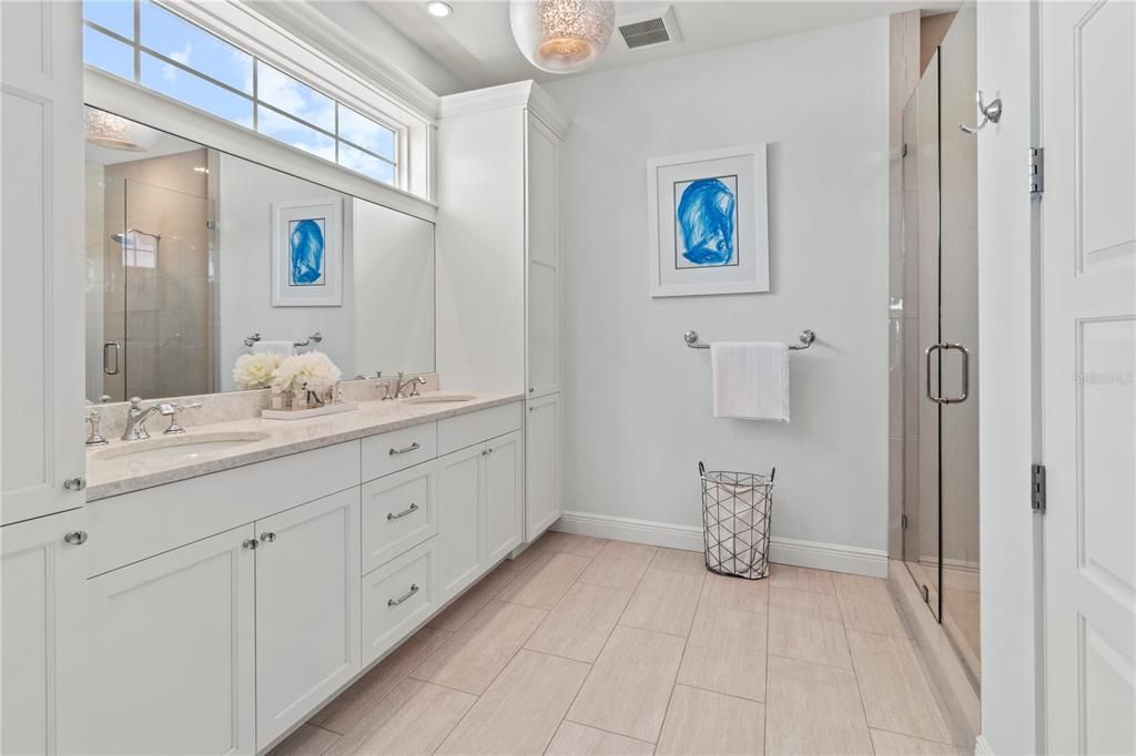 Bathroom, Dual Sink Vanities, Glass Shower, Interior, Recessed Lighting