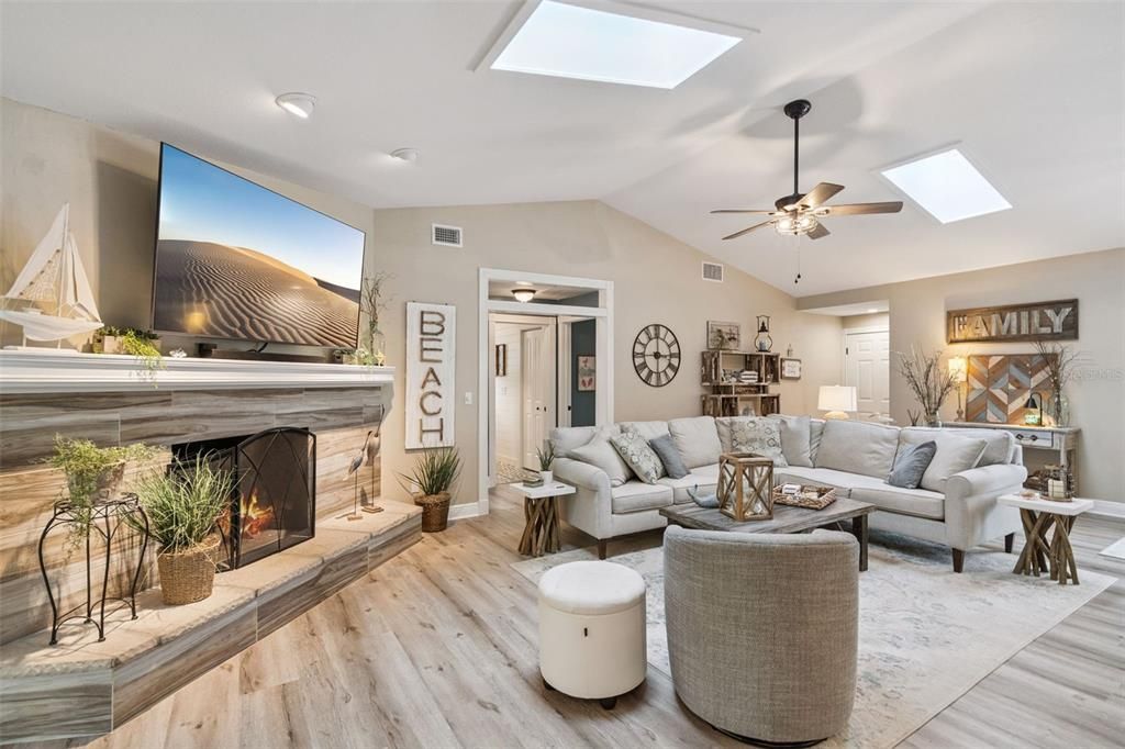 Fireplace, Interior, Living room, Recessed Lighting, Wood Texture Flooring