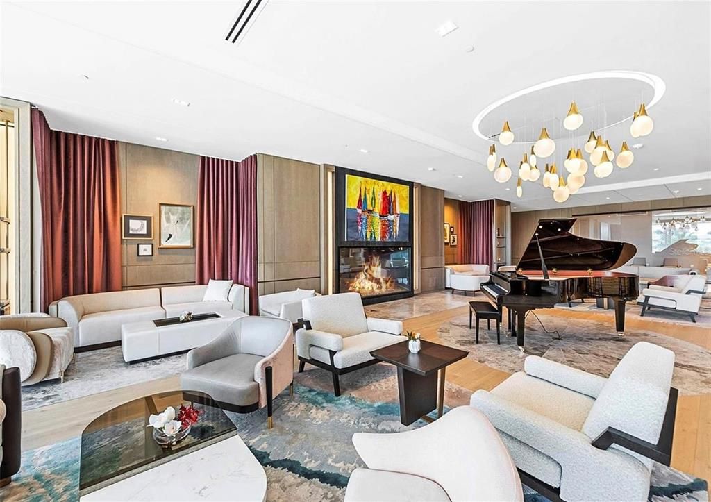 Fireplace, Interior, Living room, Pendant Lights, Piano, Recessed Lighting, Wood Texture Flooring