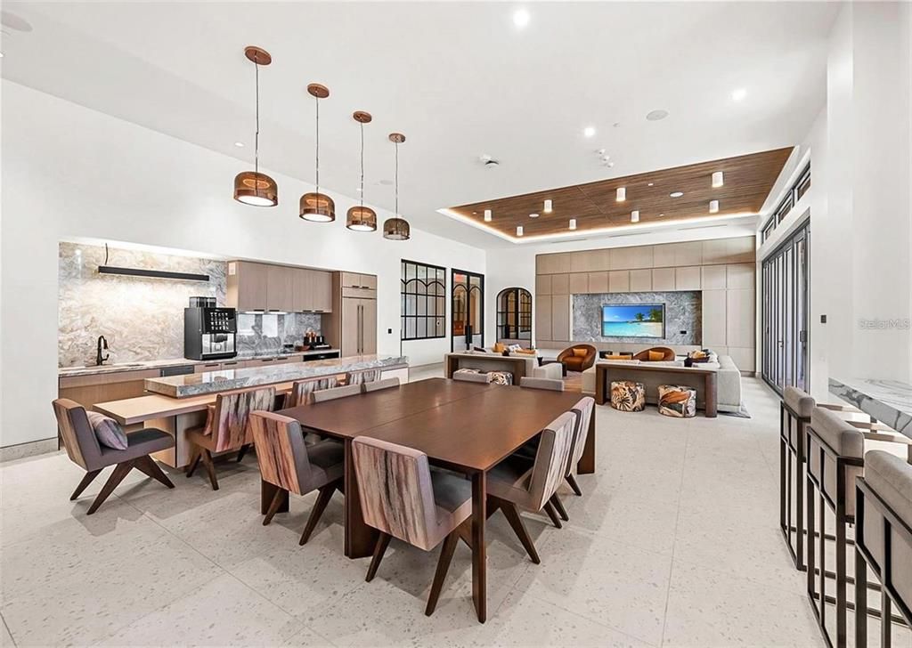 Dining room, Interior, Kitchen, Living room, Pendant Lights, Recessed Lighting, Stainless Steel Appliances, Wooden Ceilings