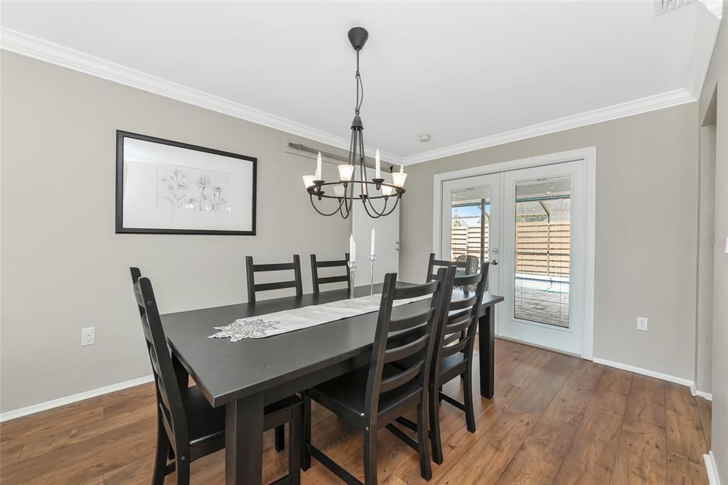 Chandelier, Dining room, Interior, Wood Texture Flooring