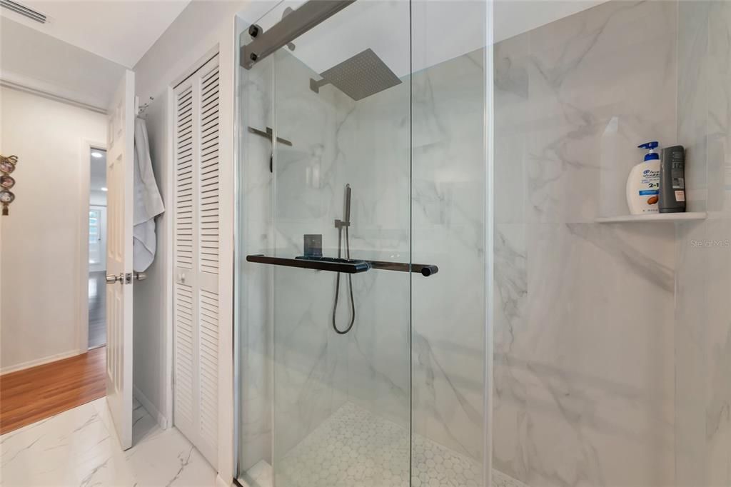 Bathroom, Glass Shower, Interior, Marble, Marble Walls, Wood Texture Flooring