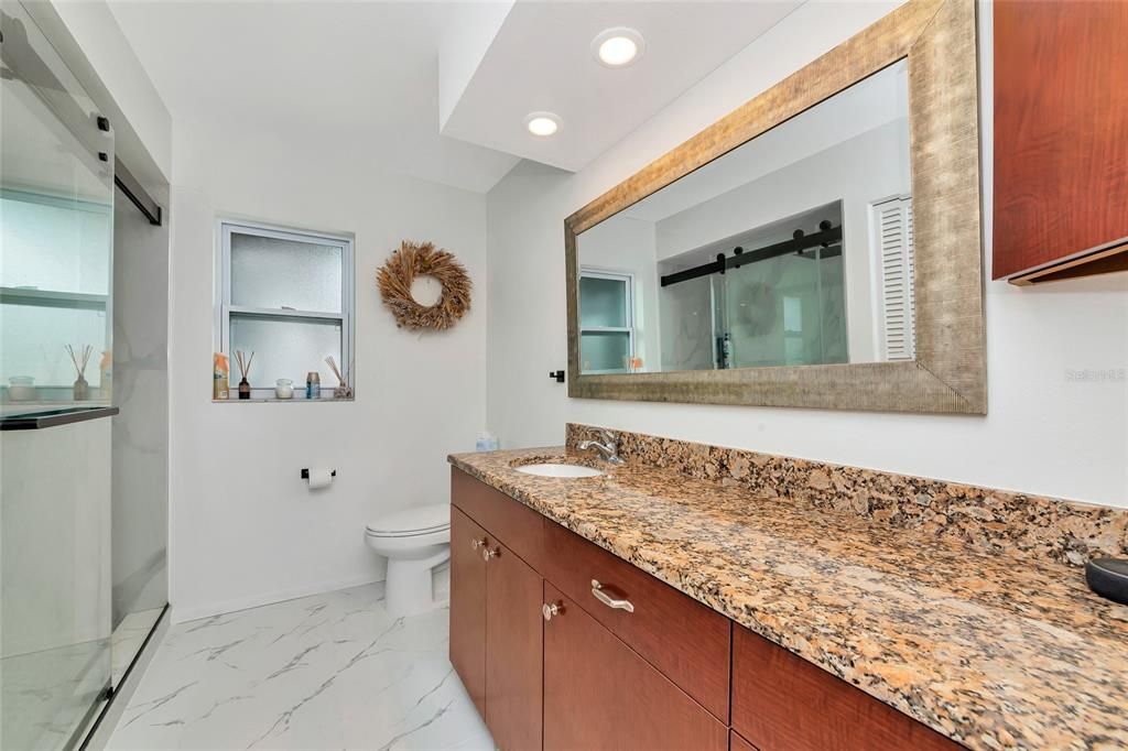 Bathroom, Dual Sink Vanities, Interior, Marble, Recessed Lighting
