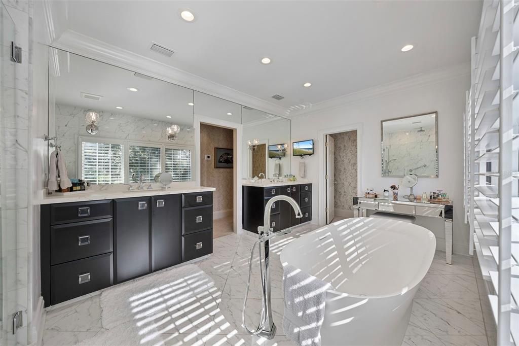 Bathroom, Dual Sink Vanities, Free Standing Baths, Interior, Marble, Marble Walls, Recessed Lighting