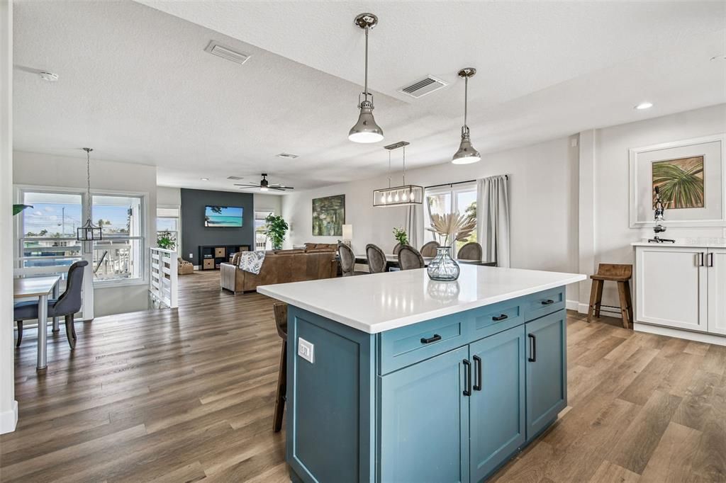 Dining room, Interior, Kitchen, Living room, Pendant Lights, Recessed Lighting, Wood Texture Flooring