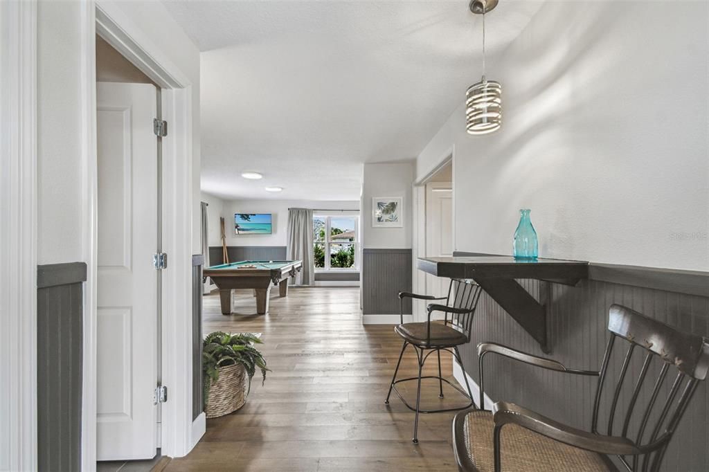 Billiard Table, Game Room, Interior, Pendant Lights, Recessed Lighting, Wood Texture Flooring