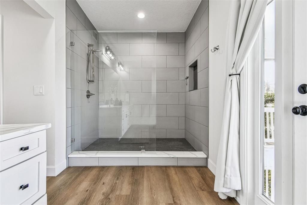 Bathroom, Glass Shower, Interior, Recessed Lighting, Wood Texture Flooring