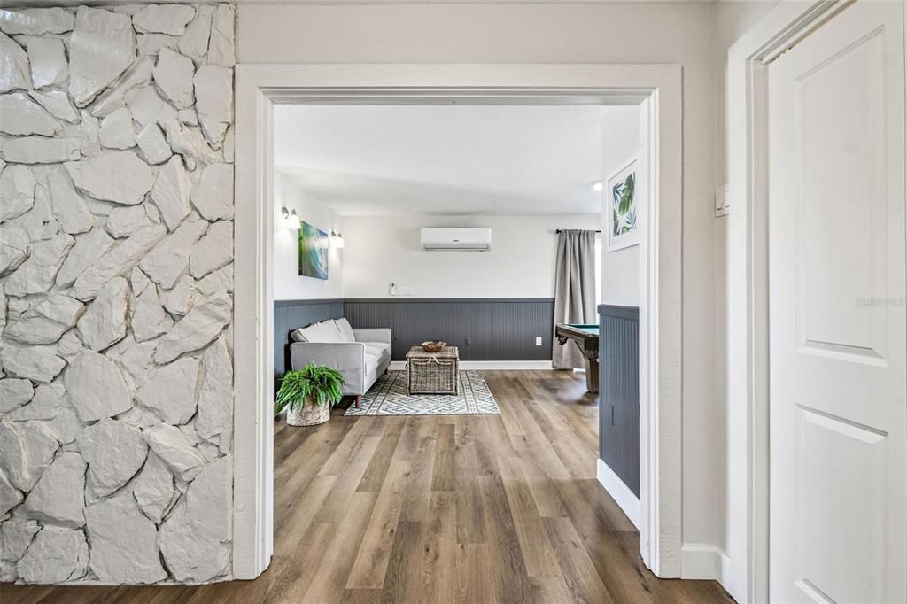 Interior, Stone Walls, Wood Texture Flooring