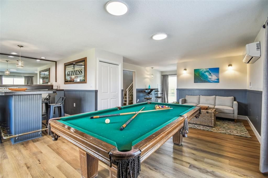 Billiard Table, Game Room, Interior, Pendant Lights, Recessed Lighting, Wood Texture Flooring