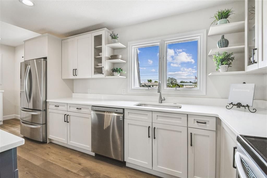 Interior, Kitchen, Recessed Lighting, Stainless Steel Appliances, Water, Wood Texture Flooring