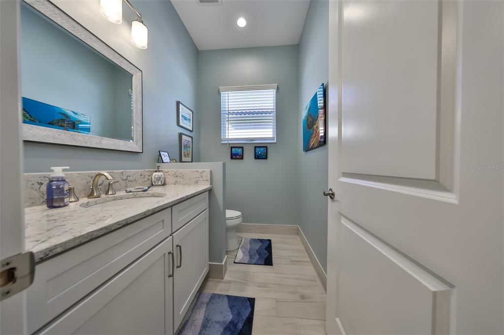 Bathroom, Interior, Marble, Recessed Lighting, Wood Texture Flooring