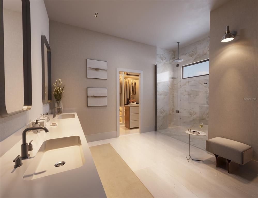 Bathroom, Dual Sink Vanities, Glass Shower, Interior, Marble Walls, Wood Texture Flooring