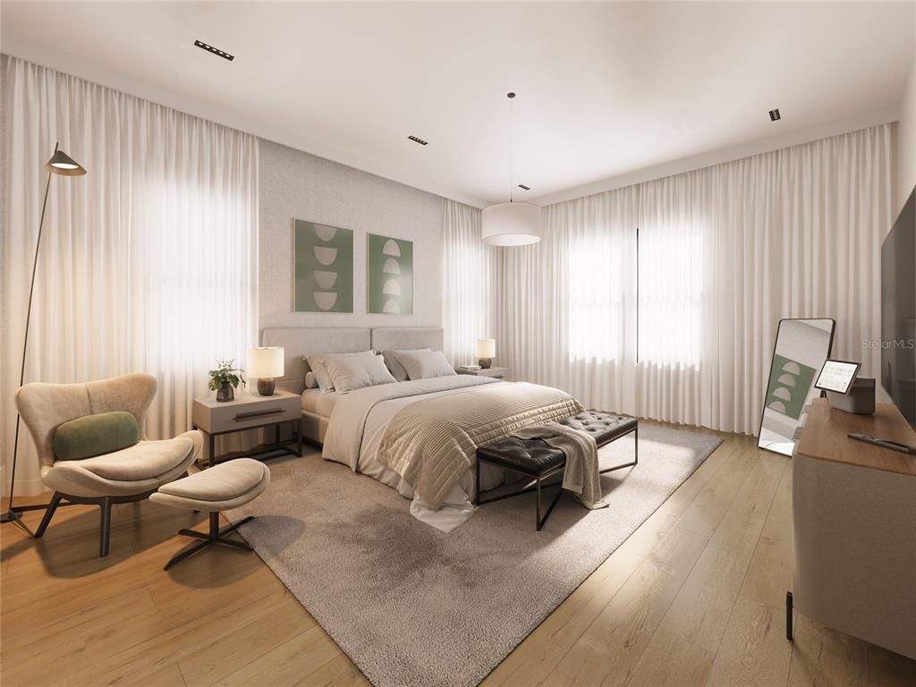 Bedroom, Interior, Pendant Lights, Wood Texture Flooring