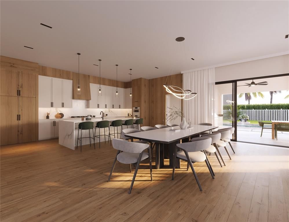 Dining room, Interior, Kitchen, Pendant Lights, Recessed Lighting, Wood Texture Flooring