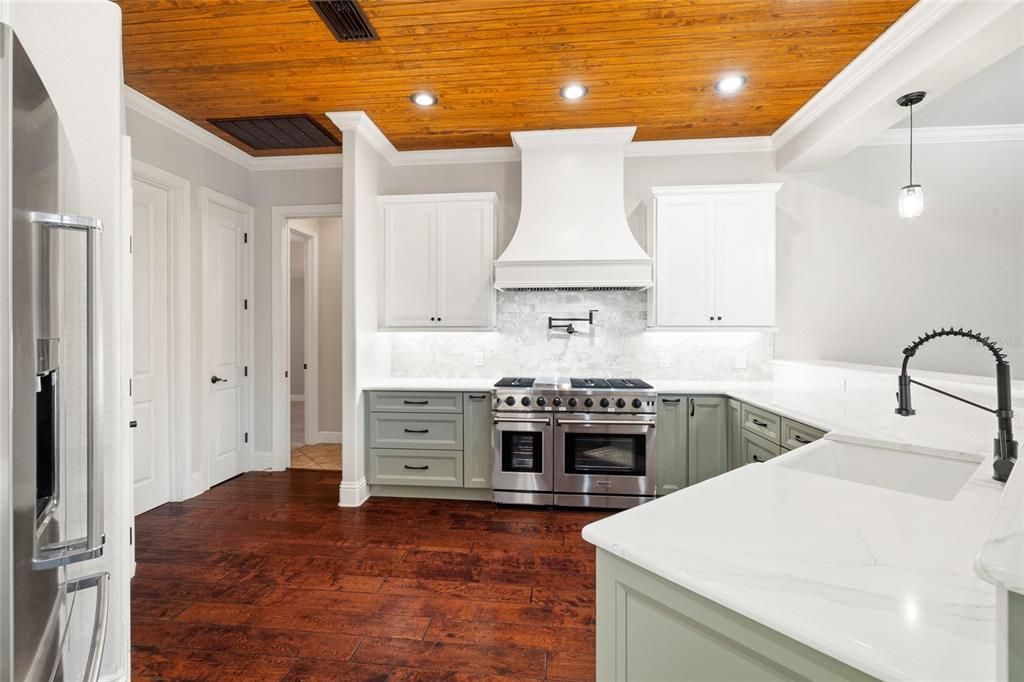 Interior, Kitchen, Pendant Lights, Recessed Lighting, Stainless Steel Appliances, Wooden Ceilings, Wood Texture Flooring