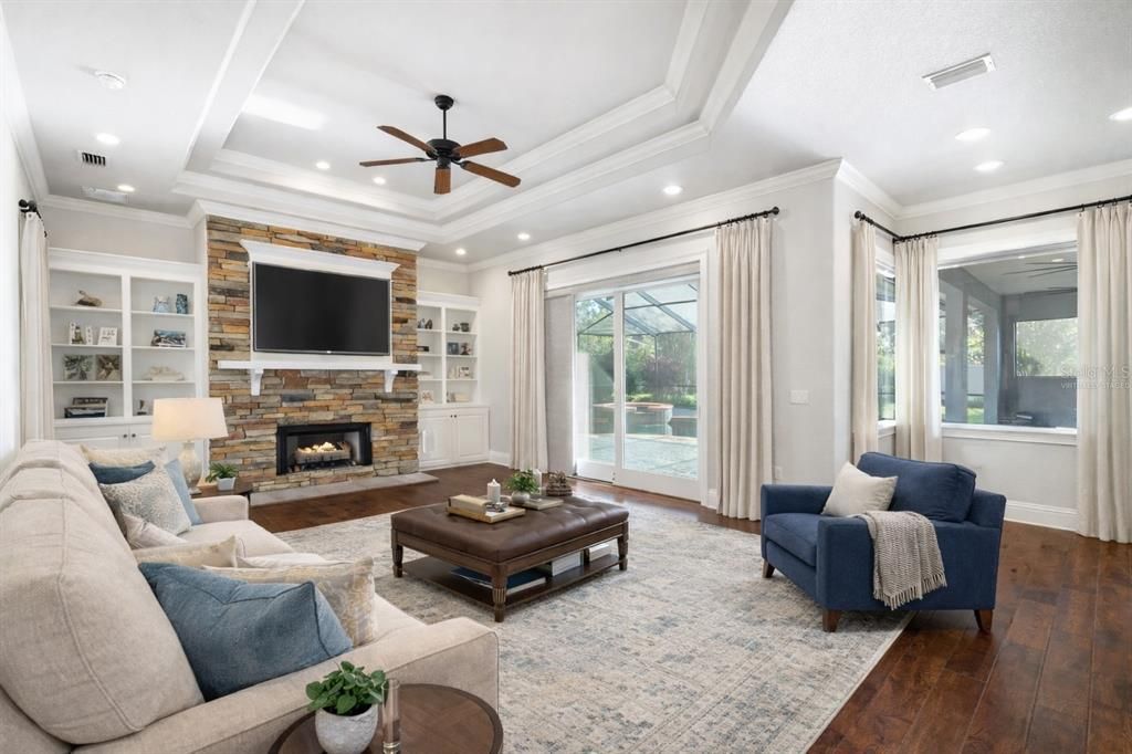 Fireplace, Interior, Living room, Recessed Lighting, Wood Texture Flooring