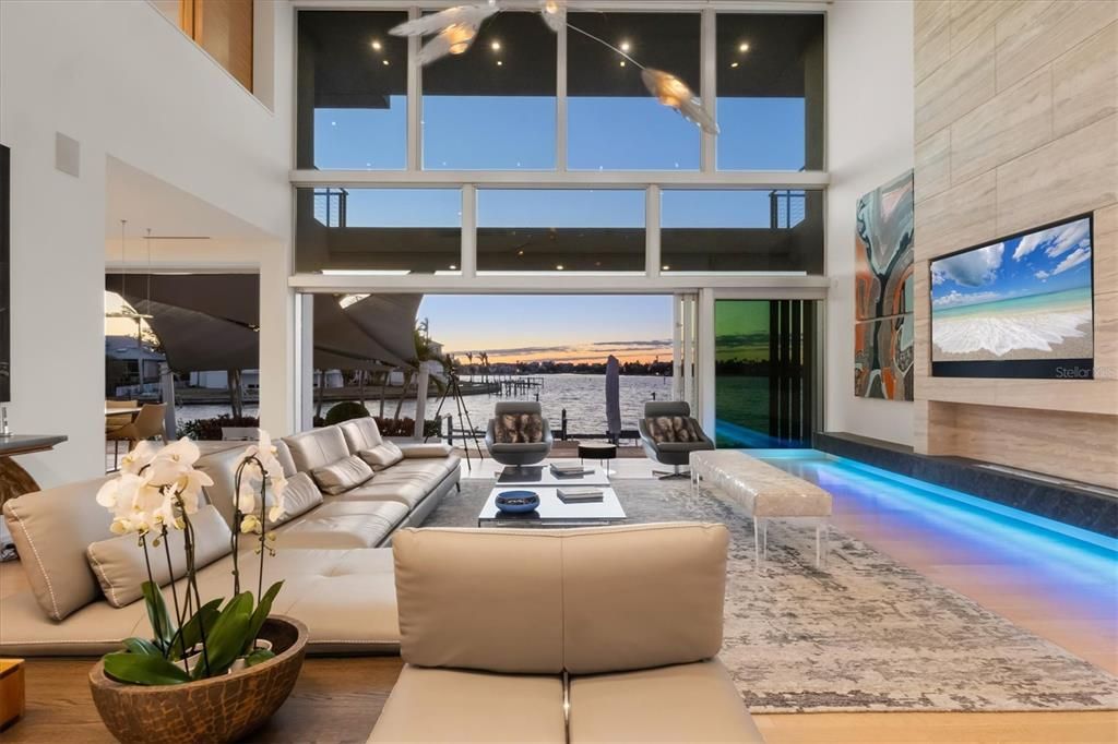 Fireplace, Interior, Living room, Pool, Stone Walls, Water