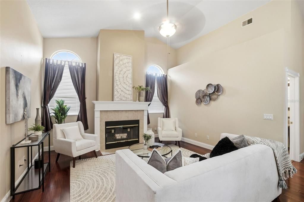 Fireplace, Interior, Living room, Recessed Lighting, Wood Texture Flooring