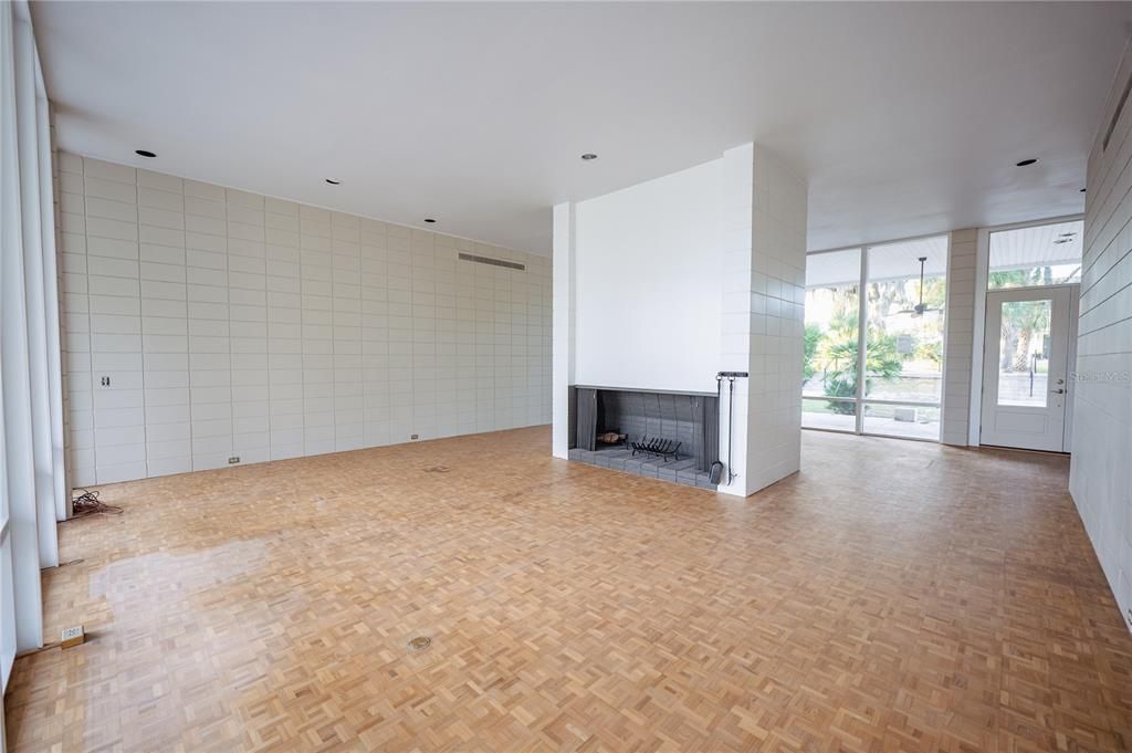 Empty room, Fireplace, Interior, Recessed Lighting, Wood Texture Flooring