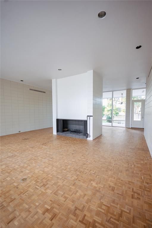 Empty room, Fireplace, Interior, Recessed Lighting, Wood Texture Flooring