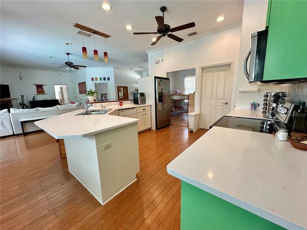 Interior, Kitchen, Pendant Lights, Recessed Lighting, Wood Texture Flooring