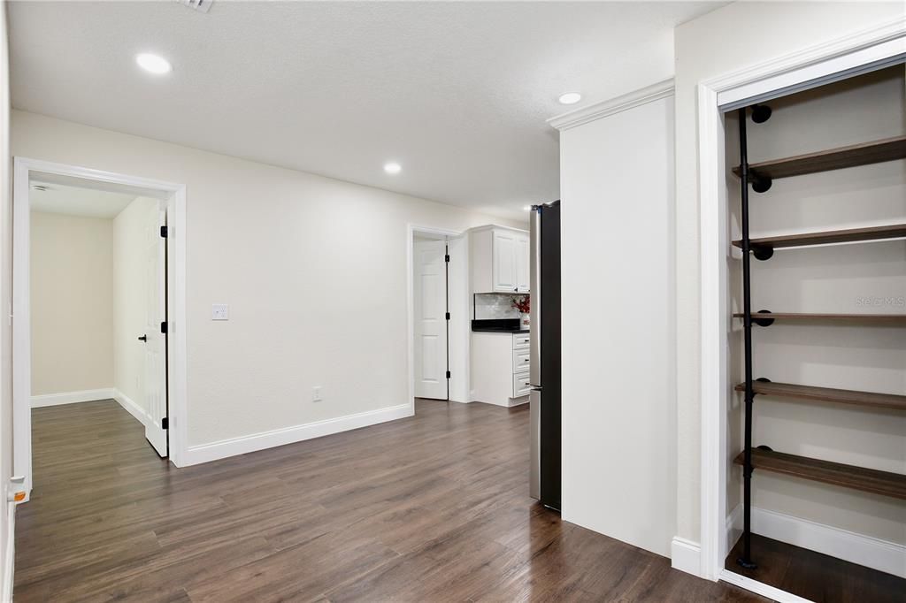 Empty room, Interior, Recessed Lighting, Wood Texture Flooring