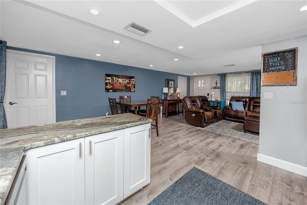 Dining room, Interior, Living room, Recessed Lighting, Wood Texture Flooring