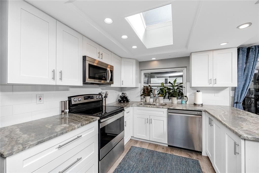 Glass Ceilings, Interior, Kitchen, Recessed Lighting, Stainless Steel Appliances, Wood Texture Flooring