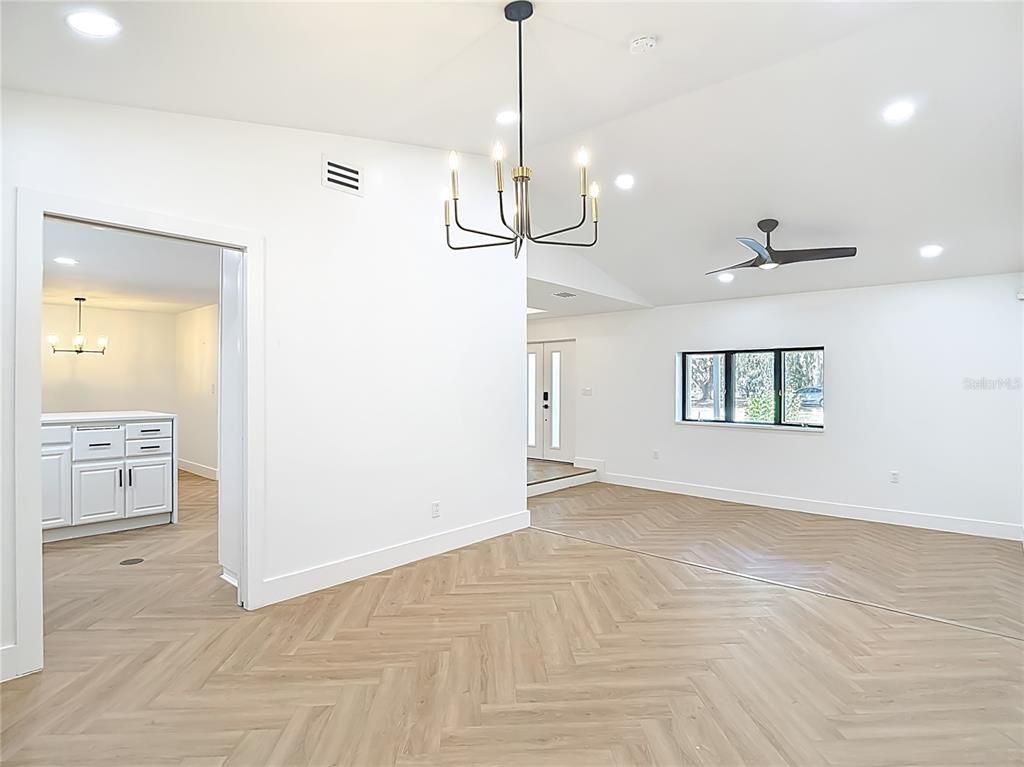 Empty room, Interior, Pendant Lights, Recessed Lighting, Wood Texture Flooring