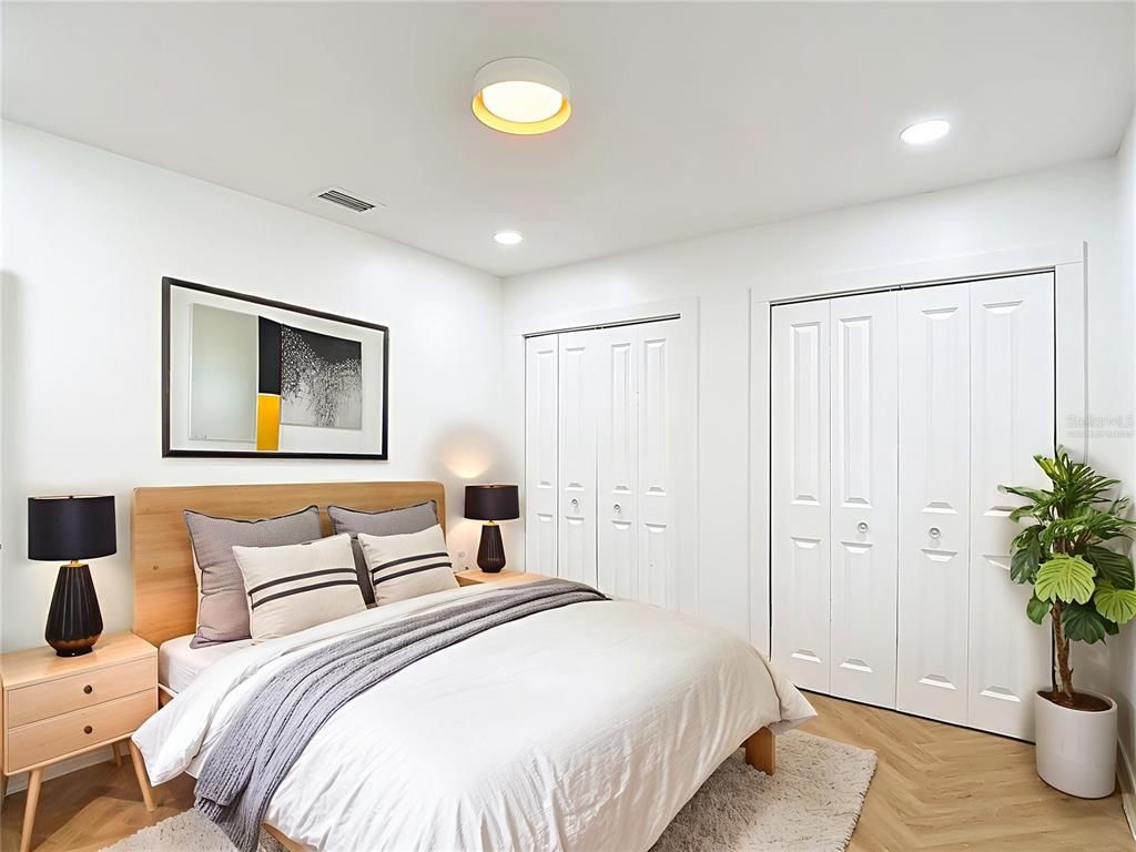 Bedroom, Interior, Recessed Lighting, Wood Texture Flooring