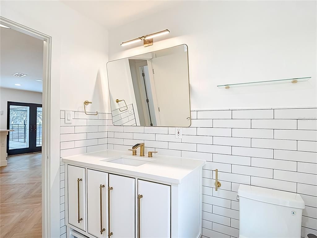 Bathroom, Interior, Recessed Lighting, Wood Texture Flooring