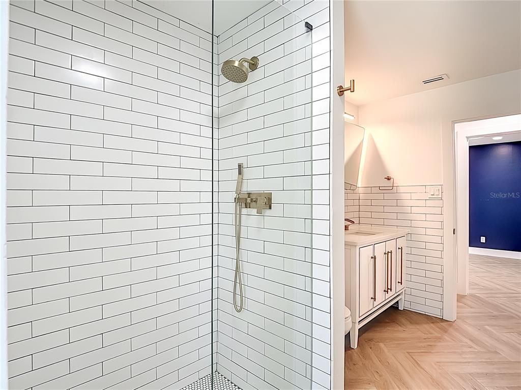 Bathroom, Interior, Recessed Lighting, Wood Texture Flooring