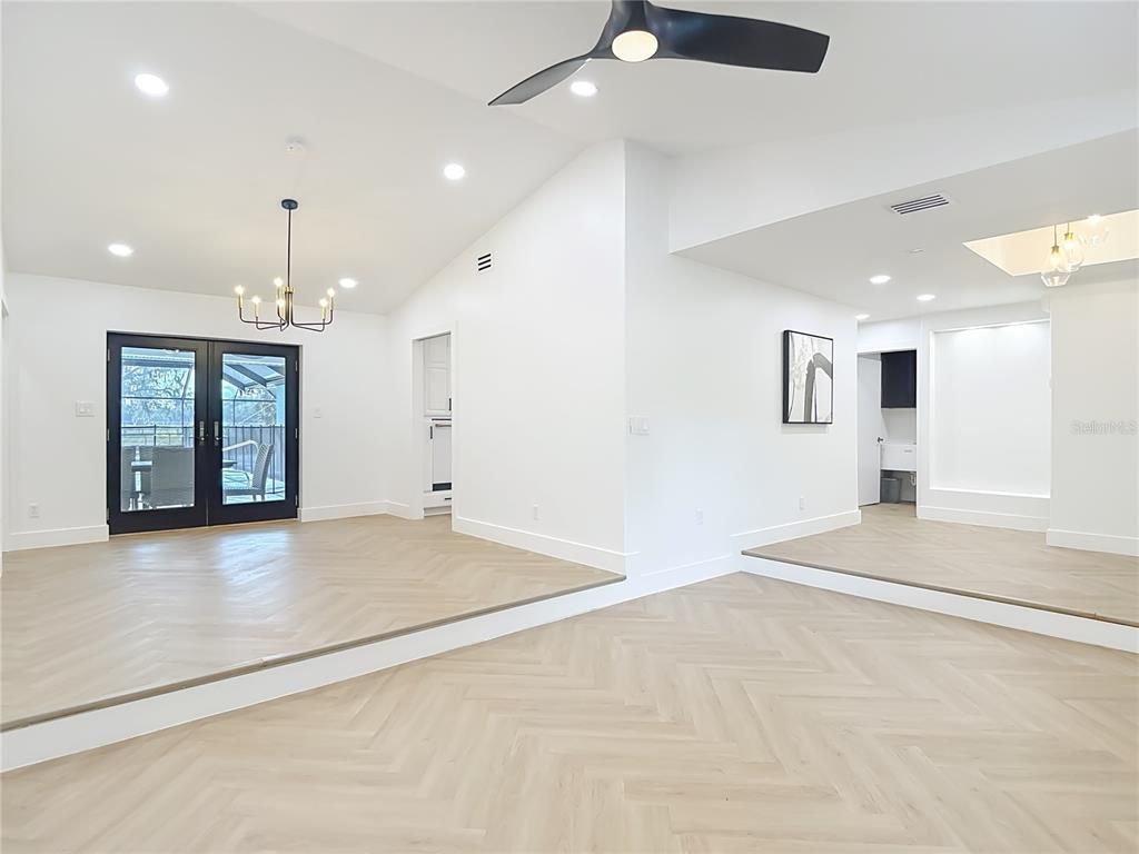 Empty room, Interior, Pendant Lights, Recessed Lighting, Wood Texture Flooring