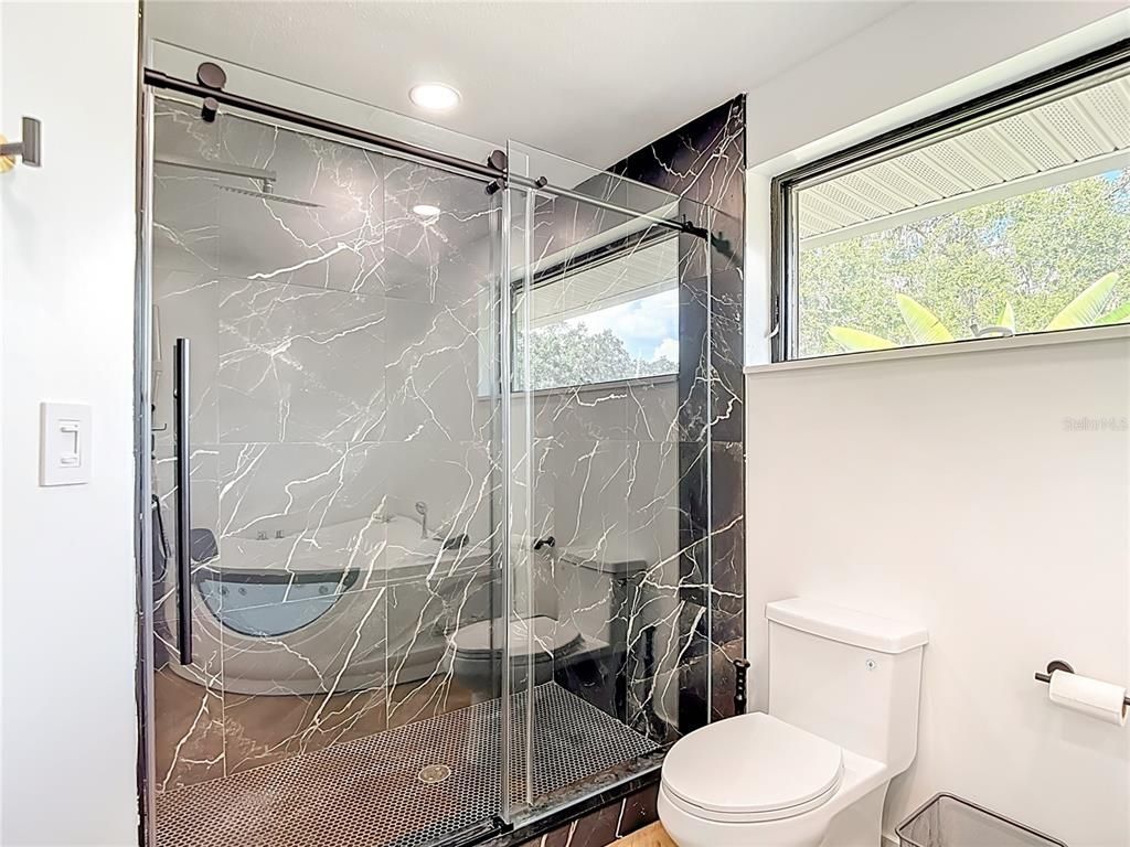 Bathroom, Glass Shower, Interior, Marble Walls, Recessed Lighting