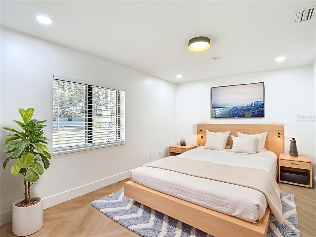 Bedroom, Interior, Recessed Lighting, Wood Texture Flooring