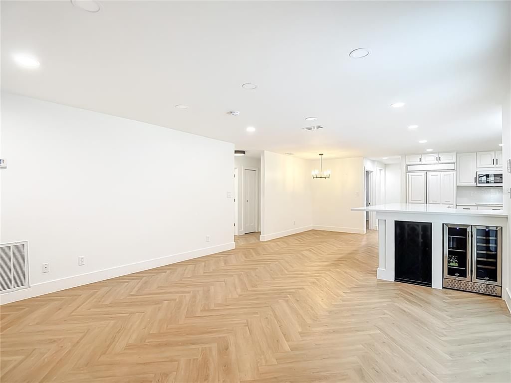 Empty room, Interior, Kitchen, Pendant Lights, Recessed Lighting, Wood Texture Flooring