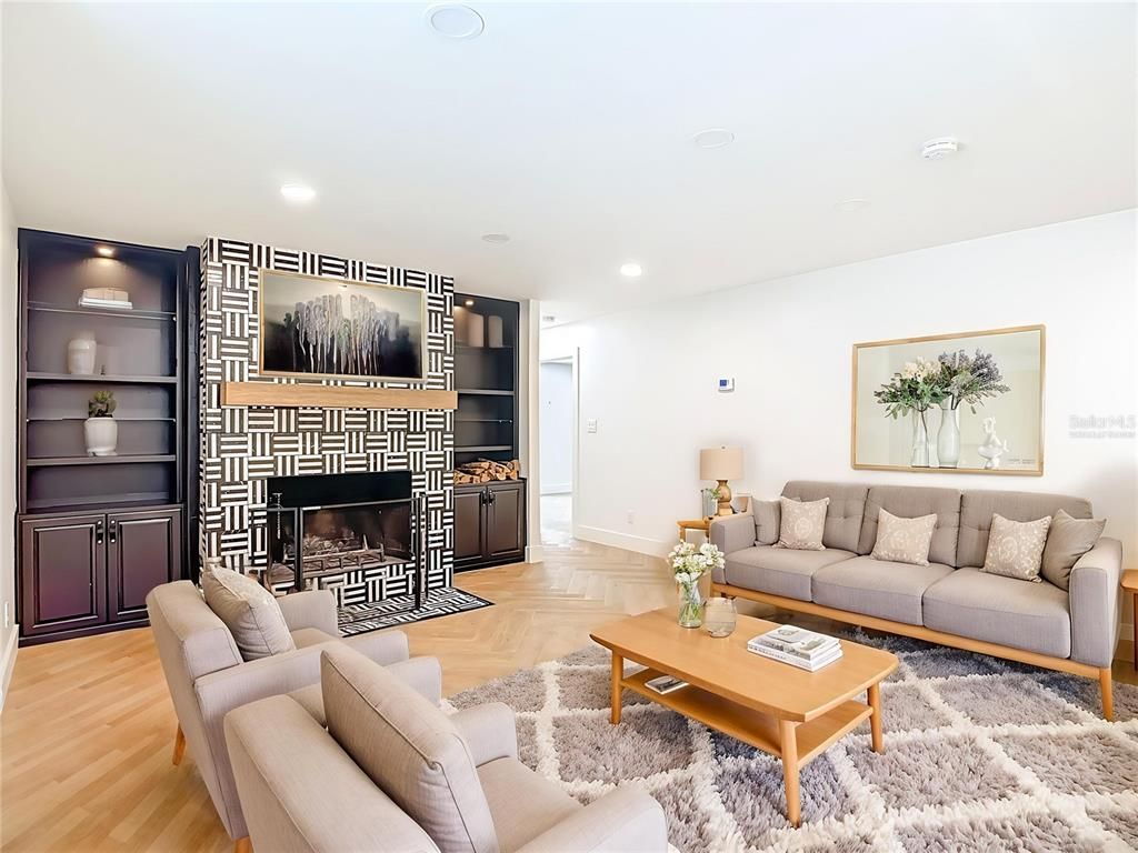 Fireplace, Interior, Living room, Recessed Lighting, Wood Texture Flooring