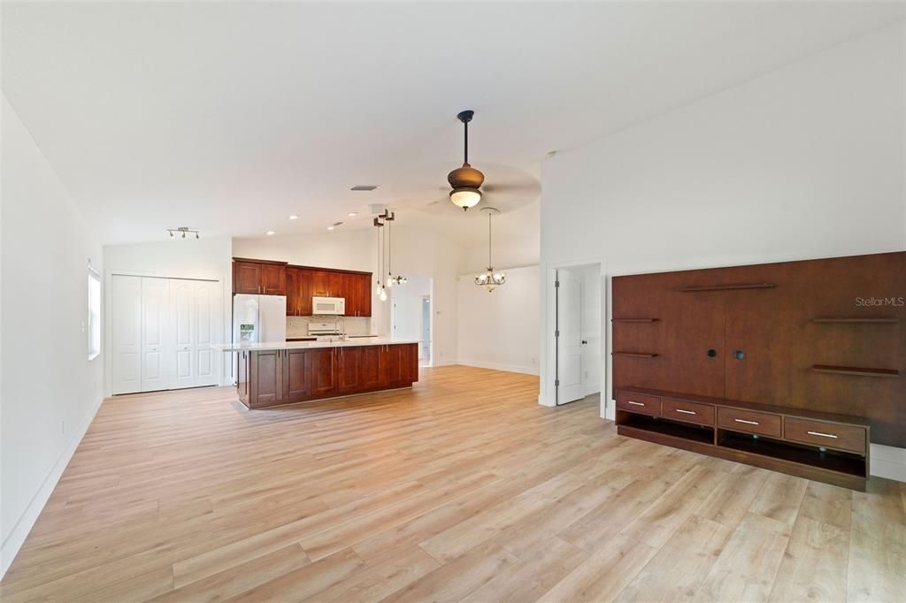 Interior, Kitchen, Pendant Lights, Recessed Lighting, Wood Texture Flooring