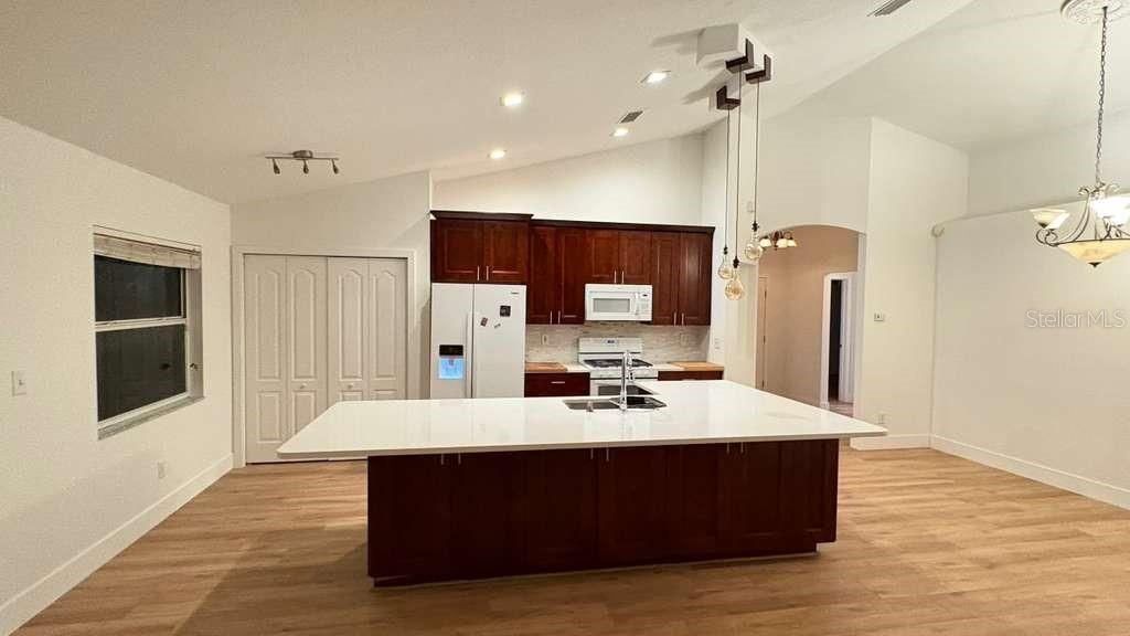 Interior, Kitchen, Pendant Lights, Recessed Lighting, Wood Texture Flooring