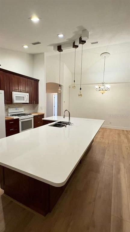 Chandelier, Interior, Kitchen, Pendant Lights, Recessed Lighting, Wood Texture Flooring