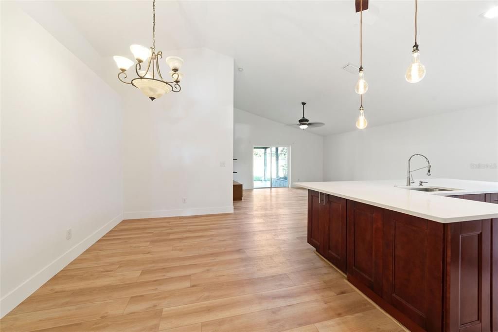 Chandelier, Empty room, Interior, Kitchen, Pendant Lights, Wood Texture Flooring